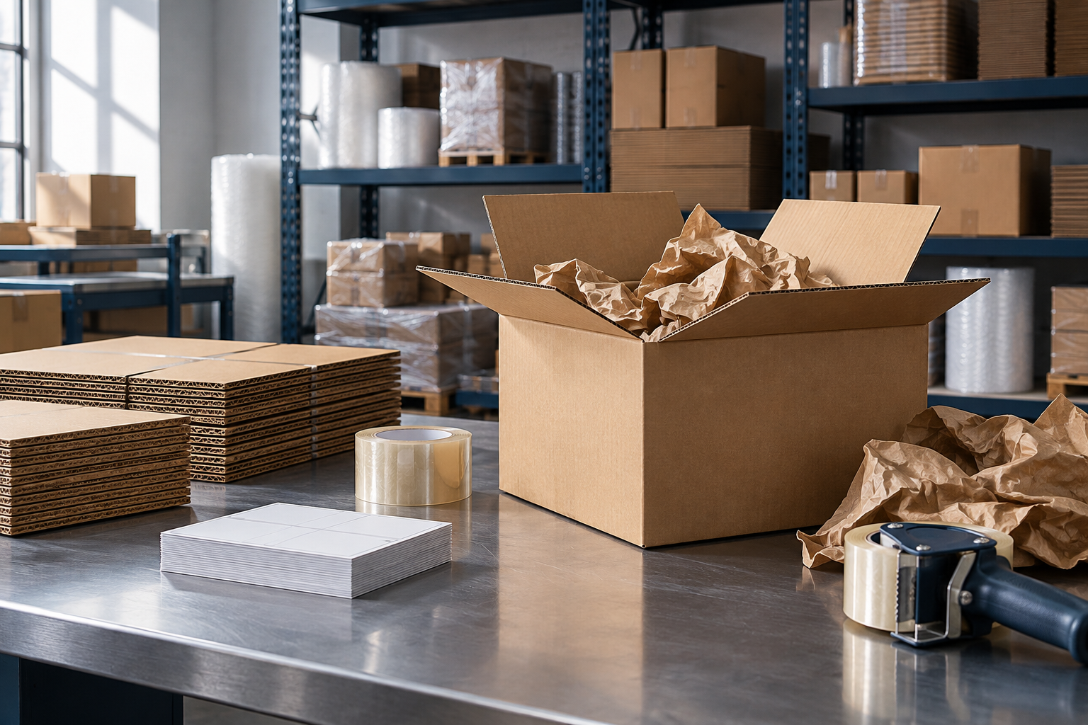 Illustrative business packing station with corrugated cartons, packing paper, tape and supply shelving